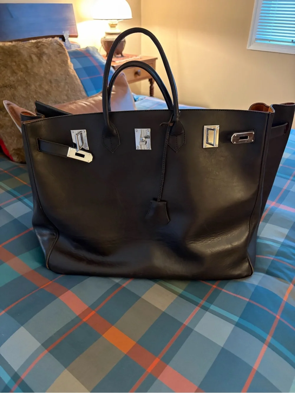 Brown Leather Tote Bag with Silver Hardware